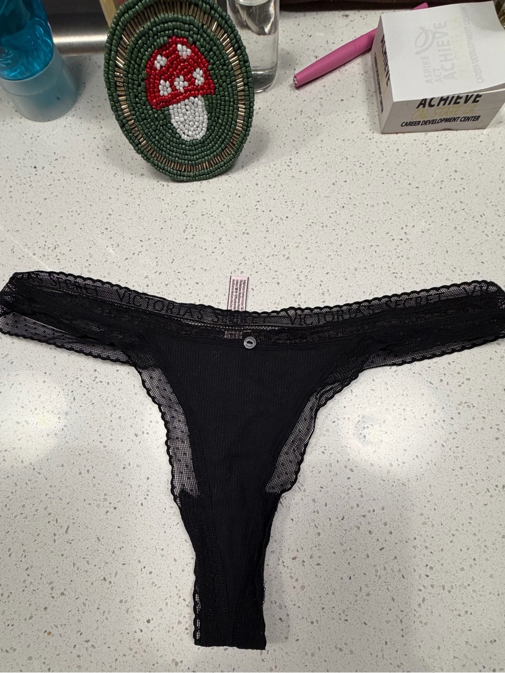 Victoria's Secret Black Ribbed Lace-Trim Thong